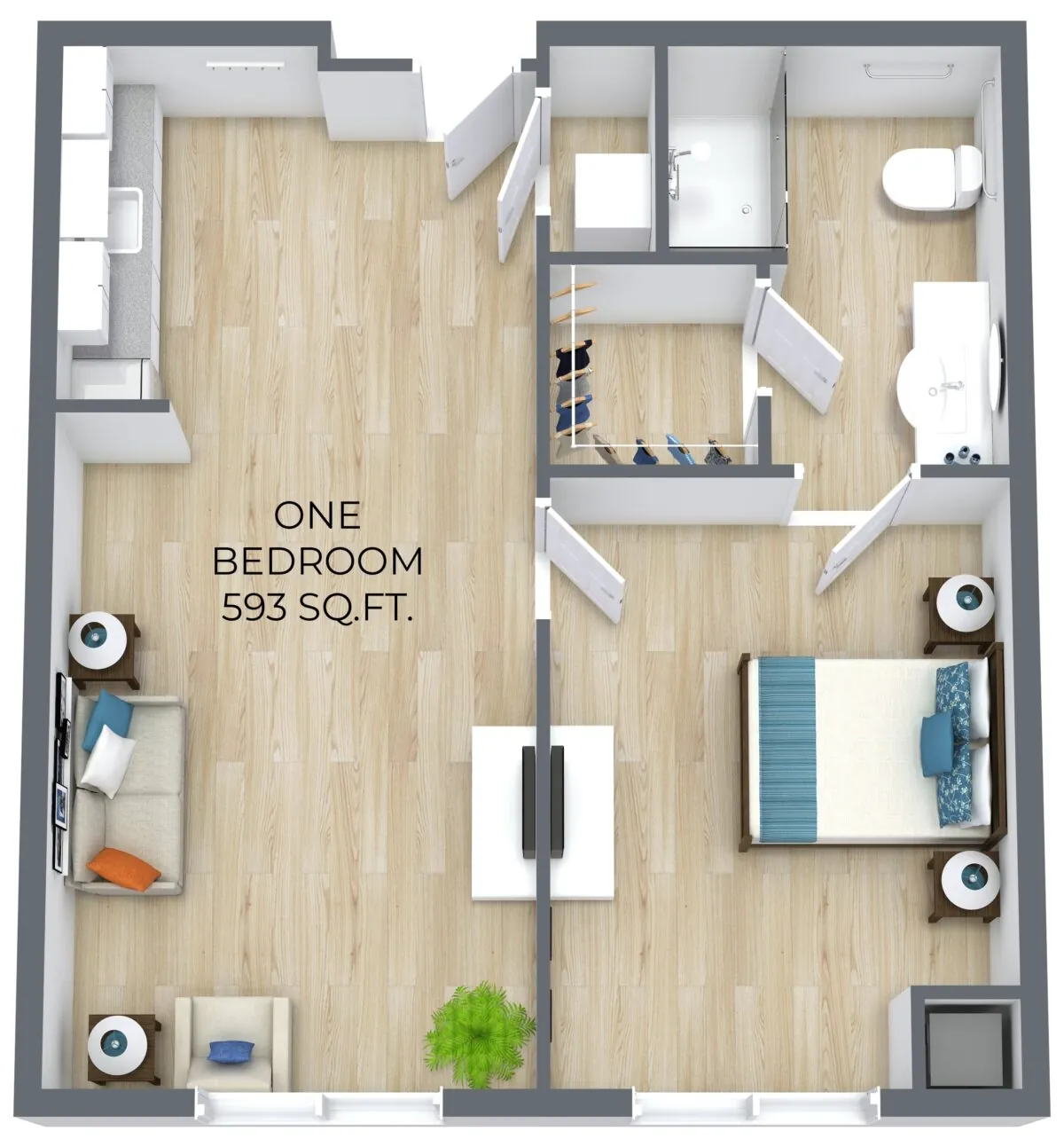 One bedroom 593 sqft floor plan