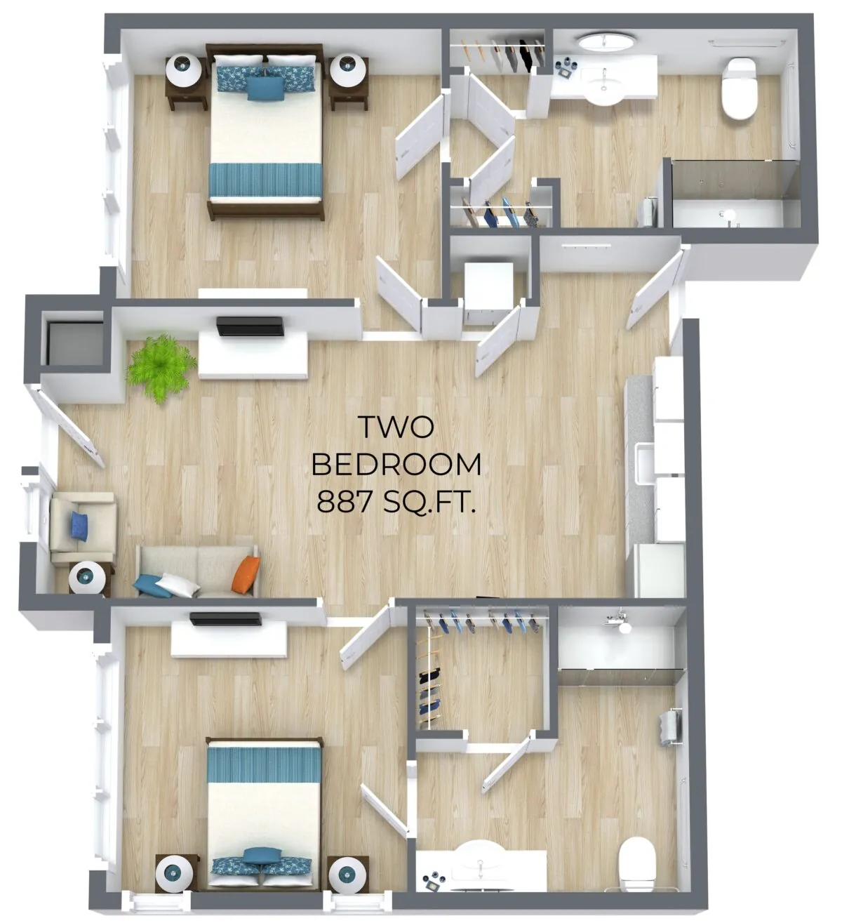 Two bedroom 887 sqft floor plan